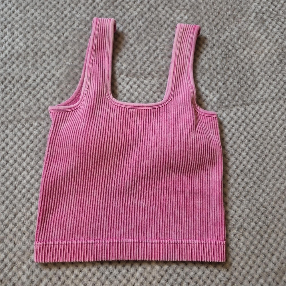 New Zenana Brami Washed Ribbed Cropped Tank with Removable Pads Size L/XL Pink